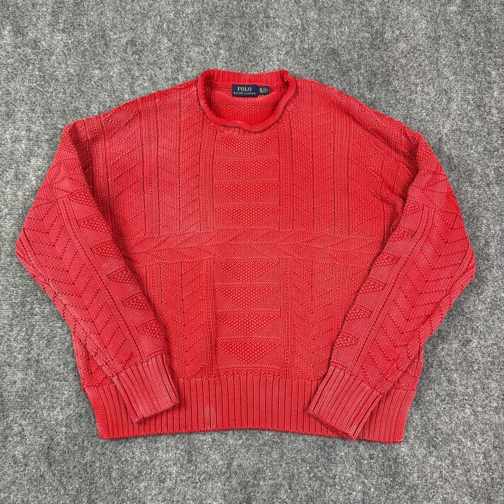 Polo Ralph Lauren Womens Patchwork Knit Sweater XL Red Cotton Crewneck Fade